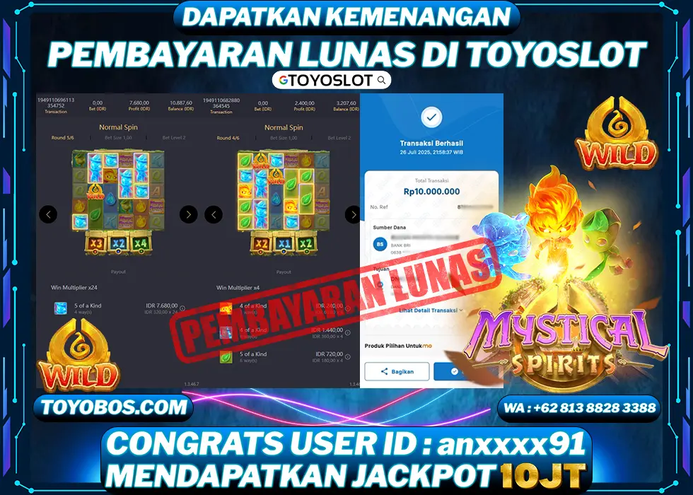 TOYOSLOT - BUKTI KEMENANGAN Mystical Spirits Rp10,000,000,- LUNAS